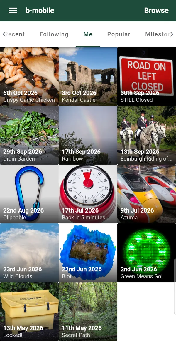 b-mobile Browse screen: a grid of recent photos with tabs for Recent, Following, Me, Popular and Milestones.