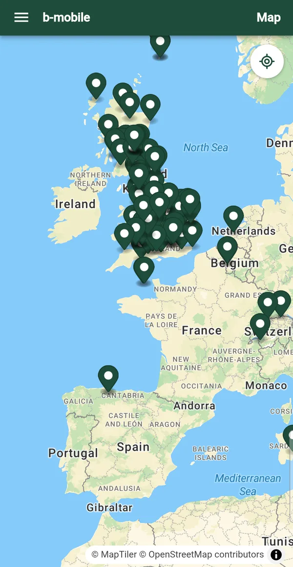 The b-mobile map with pins marking where blips were taken across the UK and Europe.