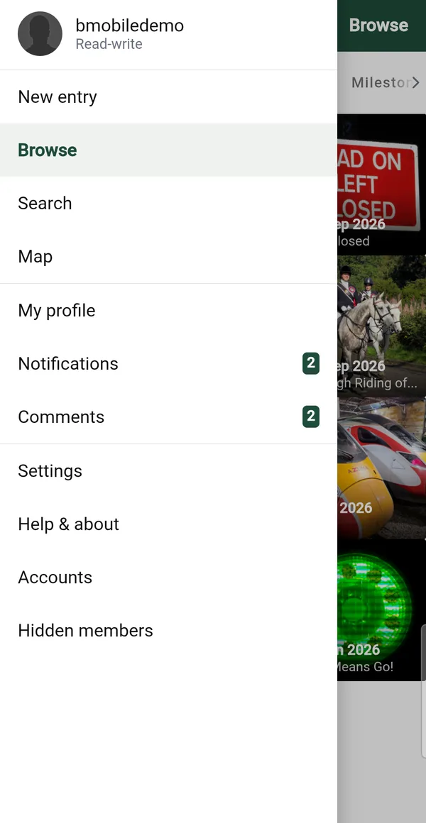 The b-mobile menu listing New entry, Browse, Search, Map, My profile, Notifications, Comments, Settings, Help and about, Accounts and Hidden members.